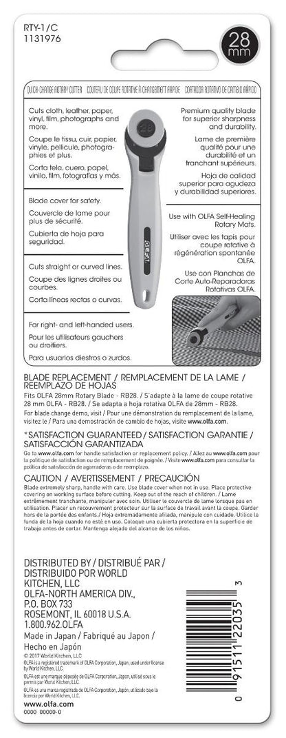 Olfa Rotary Cutter 28mm,Olfa Rotary Cutter 28mm Package Front,Olfa Rotary Cutter 28mm Package Back